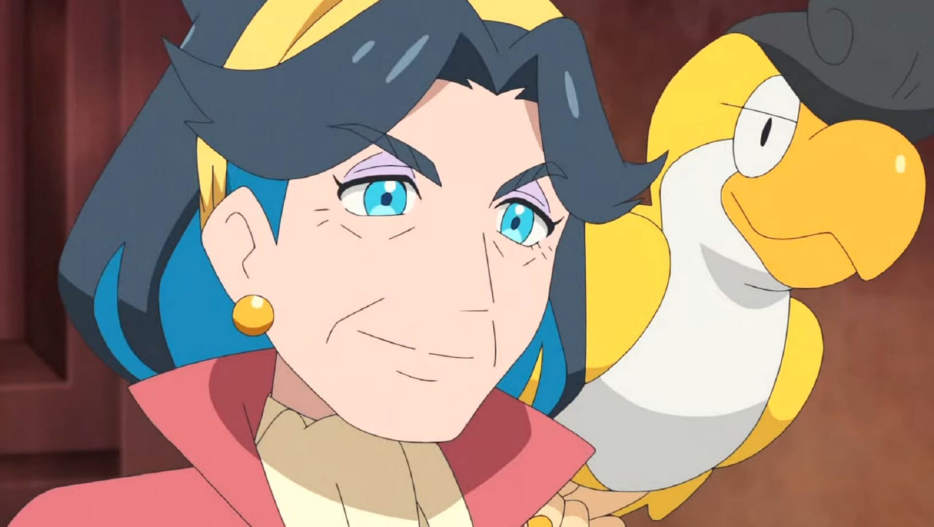 Liko's grandmother Diana and her Squawkabilly in Pokemon Horizons. (Image via The Pokemon Company)